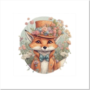 cute little fox wearing a hat and a bow tie Posters and Art